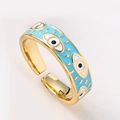 Light blue enamel evil eye open ring in a gold finish with adjustable band design - Lake Blue