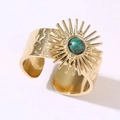 Anello largo regolabile vintage dorato con pietra verde e design a sole - Pietra Naturale Verde / Oro