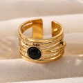 Verstellbarer goldener Edelstahlring in Lagen-Optik mit schwarzem Stein und Perlung - Schwarzer Stein (A4648)