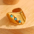 Franse vintage 18K vergulde brede ring met drie ovale turquoise edelstenen erop - Blauwe Turkoois (A4633)
