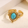 Vintage gold-plated ring with oval turquoise stone and sparkling white zircon accents - Gold-Blue Turquoise (A4630)