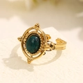 Vintage gold-plated ring with emerald green oval stone and intricate filigree details - Gold-Green Turquoise (A4631)