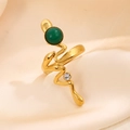Polished 18K gold plated snake ring with a round green natural stone and small zircon - Turquoise Style