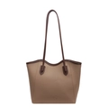 Bolso tote minimalista de cuero granulado beige con correas marrones y logo de moda - Caqui