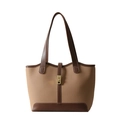 Borsa tote patchwork marrone e beige con chiusura girevole dorata e texture martellata - Cachi