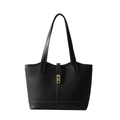 Grande borsa tote in pelle nera con trama litchi e chiusura a girello in metallo oro - Nero