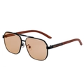 Black metal square sunglasses with amber lenses and retro wood grain textured temples - Black Frame Light Brown Lenses Blue Coating (C7)