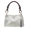 Vintage jacquard handbag with wooden beaded handles and floral patterns on silk fabric - Silver
