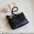 Black large tote bag with white contrast stitching and cute bunny charm on white fabric - Black with Pendant