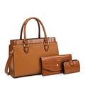 Three-piece brown tote bag set including large handbag and wallets in textured faux leather - Tan