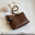 Vintage dark coffee leather tote bag with white stitching and cute rabbit charm accessory - Coffee With Pendant