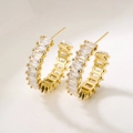 Irregular vintage gold-plated C-shaped hoop earrings with rectangular zircon inlay - Wide Inlaid Pair / White