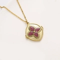 Vintage gouden klaverketting met vier roze zirkonen en verfijnde florale gravures - Klavertje Zirconia Ketting / Rozerood