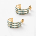 Golden C-shaped earrings with three rows of light blue turquoise beads on white background - Three-Row Rhinestone C-Shaped Studs / Blue