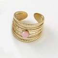 Bohemian gold multi-layer ring with smooth textures and a pink oval stone inlay - Pink