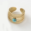 Bohemian gold plated multi-layer open ring featuring a round turquoise gemstone inlay - Blue