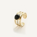 Anello aperto a tre strati dorato con pietra naturale nera rotonda per donna - Oro Pietra Nera