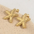 Golden starfish stud earrings with beaded texture and butterfly backings on ceramic - Textured Starfish Pattern (A4733)