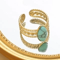 Anillo bohemio vintage dorado con piedra turquesa ovalada y banda con textura - Óvalo Hueco Con Piedra Natural Azul / Azul (Textura Turquesa)