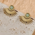 Elegant gold fan-shaped stud earrings featuring green gemstone on travertine stone - Fan Stud Earrings (Pair) / Gold with Green Stone (Fan Green)