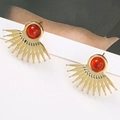 Macro view of gold fan-shaped stud earrings with red stone and sunburst pattern - Fan Stud Earrings (Pair) / Gold with Red Stone (Fan Red)