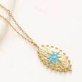 Collier vintage doré avec étoile à huit branches en émail bleu et texture martelée - Bleu Ciel