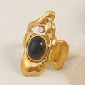 Irregular gold lava ring featuring an oval black stone and clear cubic zirconia accent - Black (A4743)