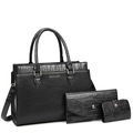 Three-piece black tote bag set with crocodile pattern leather and golden hardware - Black