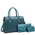 3-piece dark teal faux leather handbag set with lychee and crocodile texture - Blue