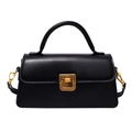 Classic black leather rectangular handbag with gold metal lock and top handle - Black