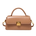 Classic tan square handbag with vintage gold buckle and smooth leather finish - Khaki