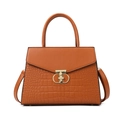 Caramel brown handbag with crocodile texture, gold T-lock and detachable strap - Yellow-Brown Single Bag