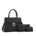 Black three-piece handbag set with crocodile pattern leather and gold T-clasp - Black Set