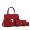 Three-piece red leather handbag set with crocodile pattern and round metal twist lock - Red Bag Set