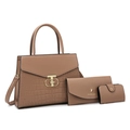 3-piece khaki brown handbag set with crocodile pattern texture and golden metal clasp - Khaki 3-Piece Set Bag