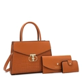 Three-piece brown faux leather handbag set with crocodile pattern and metal T-lock - Yellow-Brown Bag Set