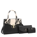 Black faux leather handbag 3-piece set with snakeskin texture top handle and gold hardware - Black with Snake Pattern Bag Set