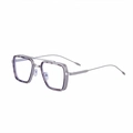 Classic silver metal square frame sunglasses with double bridge and blue light lenses - C9 Black Tortoise White Clear