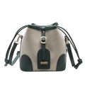 Borsa a secchiello retrò con finiture in pelle verde e tracolla in tela beige - Verde