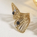 French geometric twisted gold ring with black gems and white diamonds in bohemian style - Black (A4736)