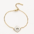 Golden stainless steel chain bracelet with blue evil eye enamel charm and lobster clasp - White