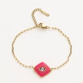 Gold stainless steel bracelet with square pink enamel evil eye charm and link chain - Rose Red