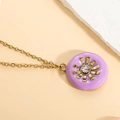 Ethnic gold chain necklace with a round purple sunflower pendant and central gemstone - Purple