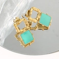Retro geometric square earrings in mint green enamel with hammered gold plating finish - Blue