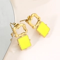 Retro geometric square earrings with golden hammer texture and neon yellow enamel finish - Yellow