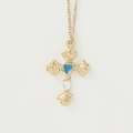 Gouden kruisketting met blauwe hartvormige hanger en roosdetails op de ketting - Blauw