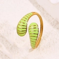 Adjustable snake ring in gold finish featuring neon green striped enamel details - Green