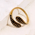 Minimalist gold-plated snake ring with black enamel stripes and open adjustable band - Black