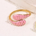 Pink enamel snake ring in gold finish with striped texture and adjustable opening - Pink