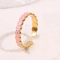 Adjustable golden titanium steel ring featuring pink enamel circles with gold dots - Pink